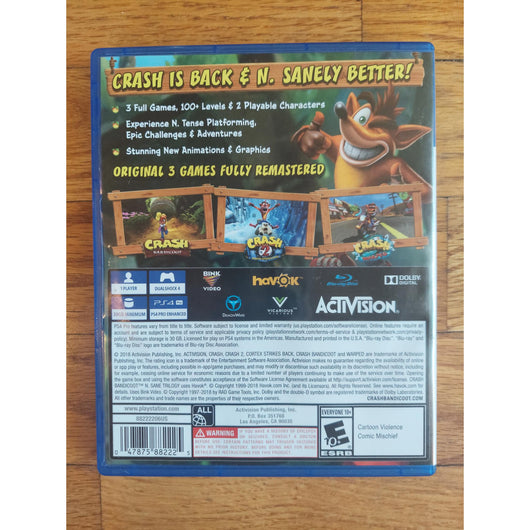 Crash Bandicoot N. Sane Trilogy PS4 PlayStation 4 Remastered With Case & Disc