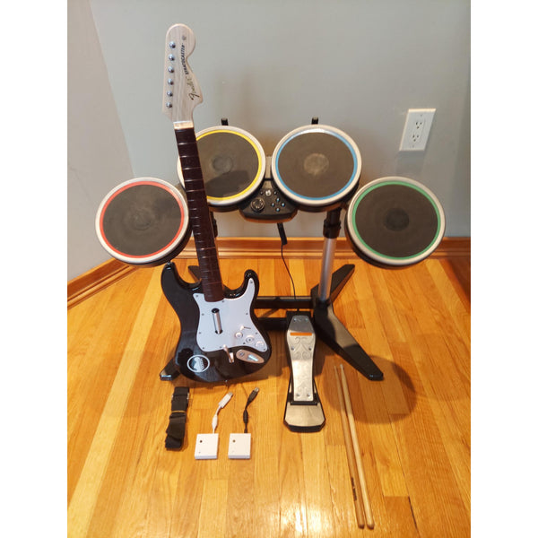 Wii Rock Band Bundle Wireless Guitar Drum Set Pedal Dongles Strap Sticks Kit