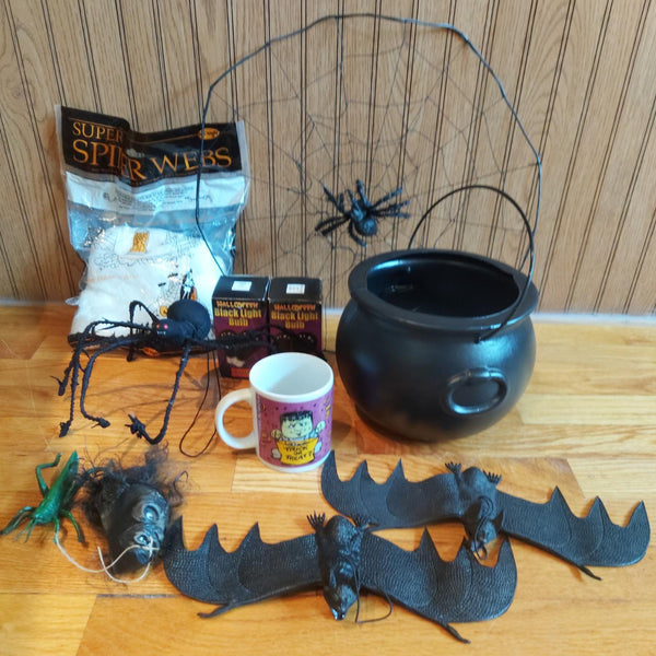 Vintage Halloween Decor Bundle Spider Web Bats Cauldron Black Lights Cup Props
