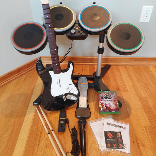 Rock Band 4 Band-In-A-Box Xbox One Guitar Drums Microphone Game Tested Working