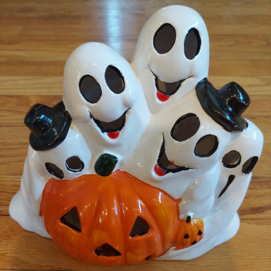 VTG Halloween Ceramic Pumpkin & Ghosts Figurine Decoration Jack-O-Lantern