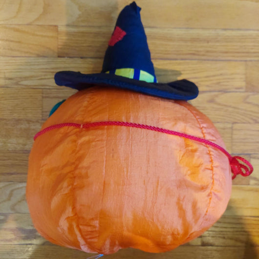 VTG 1995 Masked Nylon Stuffed Pumpkin W/Witch Hat Spider Halloween Decoration