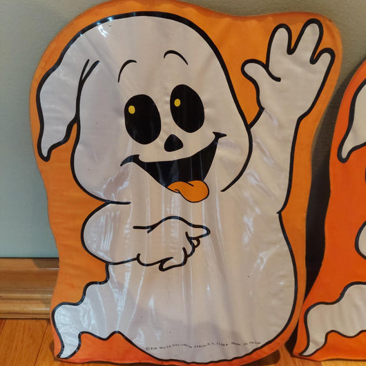 Halloween Vinyl Ghost Outdoor Yard Signs with Ground Stakes Fun World Lot of 2