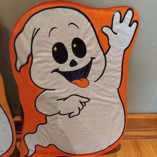 Halloween Vinyl Ghost Outdoor Yard Signs with Ground Stakes Fun World Lot of 2