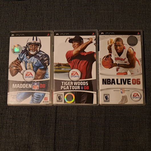 Lot of 3 PSP EA Sports Games: TIGER Woods 08 PGA, NBA Live 06, Madden NFL 08