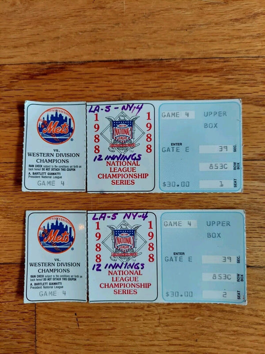 Mets 1988 Game 4 Championships - 2 Ticket Stubs (Seat 1 & 2), FAST SHIPPING