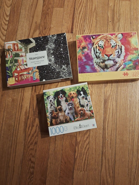 3 Puzzle Bundle (Abstarct Tiger 1000 piece, Dogs 1000 piece and Star Gaze Puzzle
