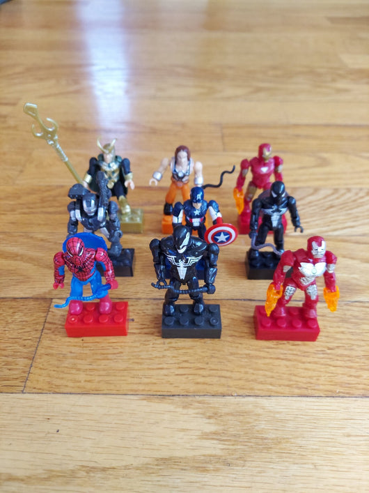 Marvel Mega Bloks 9 Figure Lot W/Accessories Captain America, Spider-Man...