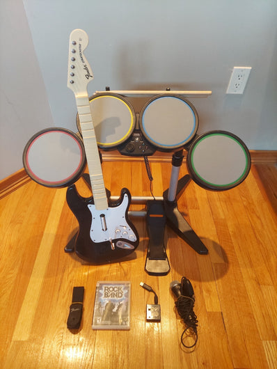 PS3 Rock Band Bundle W/Wired Drum Set, Kick Pedal, Drum Sticks, Wireless Fender