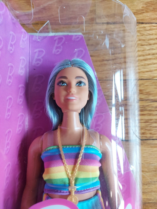 Mattel Barbie Fashionista Doll 170 with Blue Hair and Rainbow Top, Fast Shipping