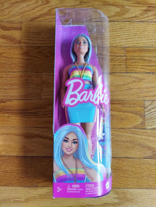 Mattel Barbie Fashionista Doll 170 with Blue Hair and Rainbow Top, Fast Shipping