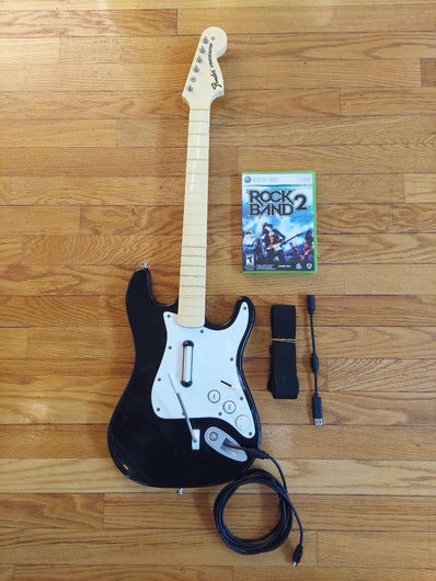 Harmonix Rock Band Wired Fender Stratocaster Guitar Xbox 360 W/Strap & Rock Band