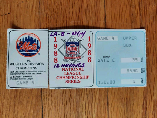 Mets 1988 Game 4 Championships - 2 Ticket Stubs (Seat 1 & 2), FAST SHIPPING