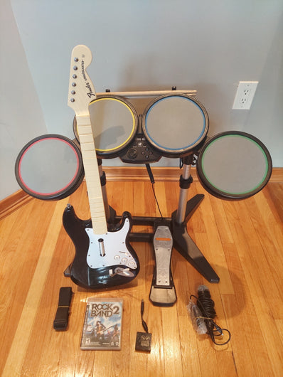PS3 Rock Band Bundle W/Wired Drum Set, Kick Pedal, Drum Sticks, Wireless Fender